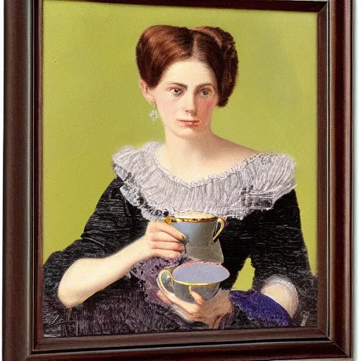 Prompt: portrait of a Victorian woman holding a teacup, oil on canvas, highly detailed, uncluttered,