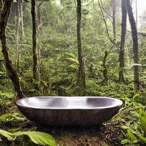 Prompt: pristine porcelain bath filled with bubbles in a clearfelled jungle, slash and burn, deforestation, tree stumps, smouldering charred timber