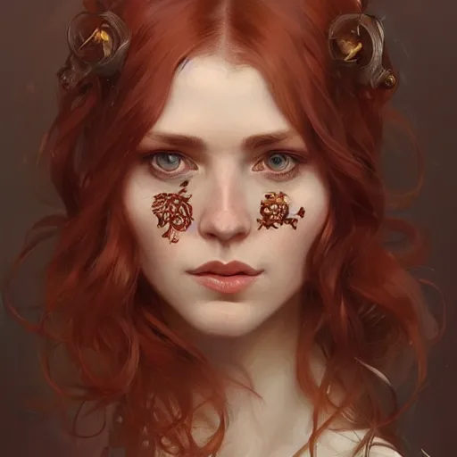 Image similar to A full portrait of Nordic female, 30 years old, brown red long hair, intricate, elegant, highly detailed, digital painting, artstation, concept art, smooth, sharp focus, illustration, art by Krenz Cushart and Artem Demura and alphonse mucha