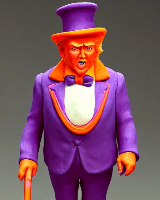 Prompt: wide angle photo of a maquette sculpture of donald trump as willy wonka, he is wearing a victorian era purple jacket and pants, and a velvet purple top hat over his long orange hair. he is holding a candy cane colored cane. his skin is an orange color like an oompa loompa. in the style of sideshow collectibles, highly detailed sculpture