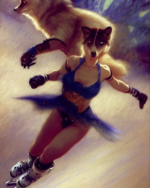 Image similar to a buff white female anthro wolf skating at a roller derby, 4 k, furaffinity, fursona, trending on artstation, energetic, speed, motion blur, by gaston bussiere, craig mullins, j. c. leyendecker, gustav klimt, artgerm, greg rutkowski, alphonse mucha