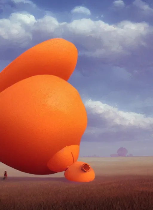 Prompt: cartoon of a giant orange object in the middle of a field, concept art by moebius, artstation, context art, 2 d game art, concept art, sci - fi