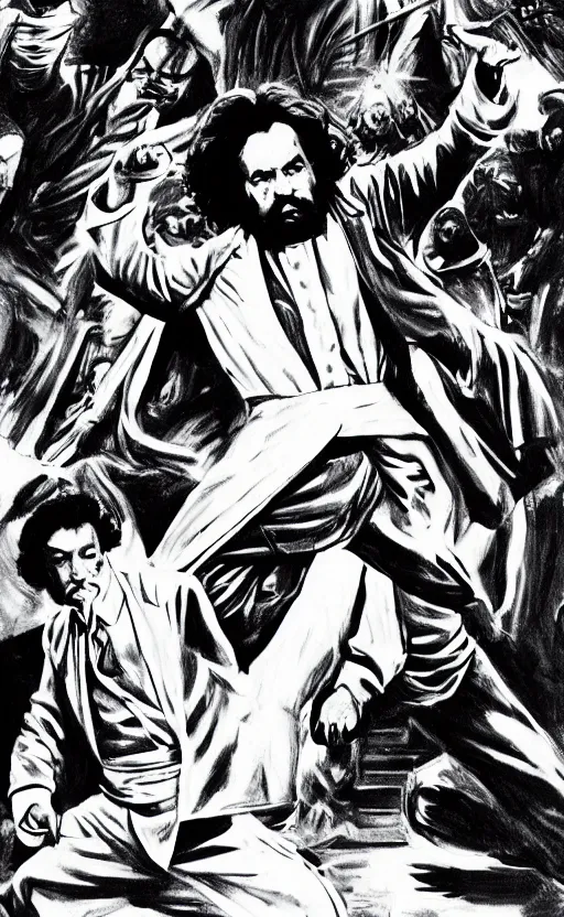 Image similar to full 70s action movie poster with Karl Marx in kung fu pose, drawing 4k, grainy picture cinematic dramatic light