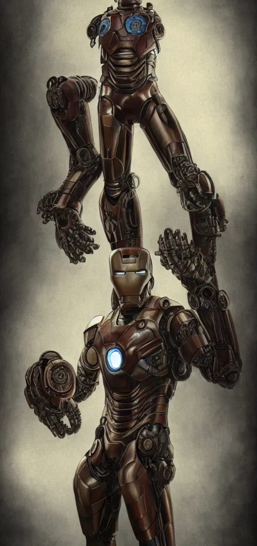 Image similar to steampunk, H.R. Giger design of Iron Man, full body and head, drawing on pencil, ornate, details, smooth, sharp focus, illustration, realistic, cinematic, artstation, award winning, rgb, ethereal blue lighting, 8K,