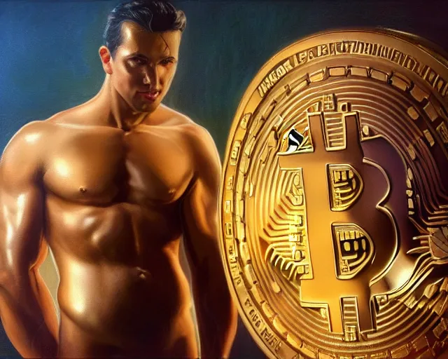 Image similar to attractive oiled up glossy man posing in front of a huge golden bitcoin, angelic light, commercial by annie liebovitz, gaston bussiere, craig mullins, j. c. leyendecker, photorealistic, trending artstation, 8 k