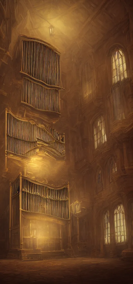 Prompt: a rendered painting of a run pipe organ, lots of detail, volumetric lighting, concept art, digital painting, trending on artstation, vivid, gloomy, abandoned, no people, scary