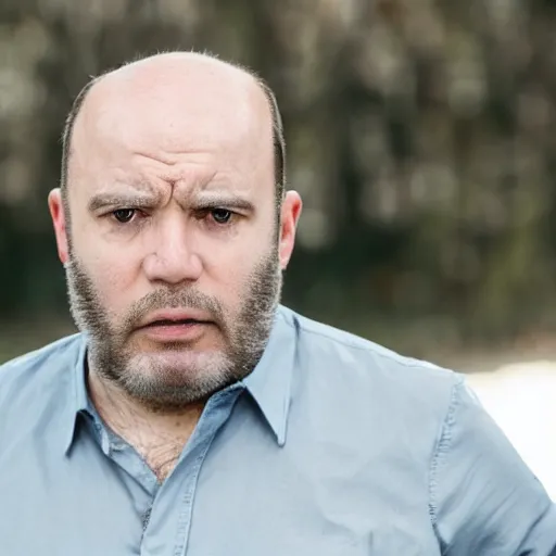 Image similar to an extremely angry, balding middle aged man looking at the camera