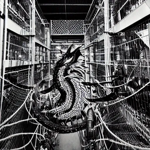 Image similar to scientists studying quetzalcoatl locked in a cage in a warehouse, 1 9 8 0's scifi, black and white, 8 k, highly ornate intricate details, extreme detail, punk xerox, lofi