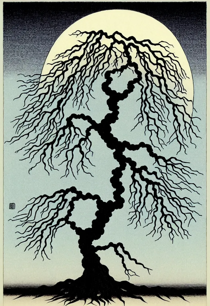 Prompt: prompt: magical white skeleton Bonsai tree roots merging into big moon drawn by Rene Magritte, Japanese woodblock print style, clean ink detailed line drawing, intricate detail, manga 1990