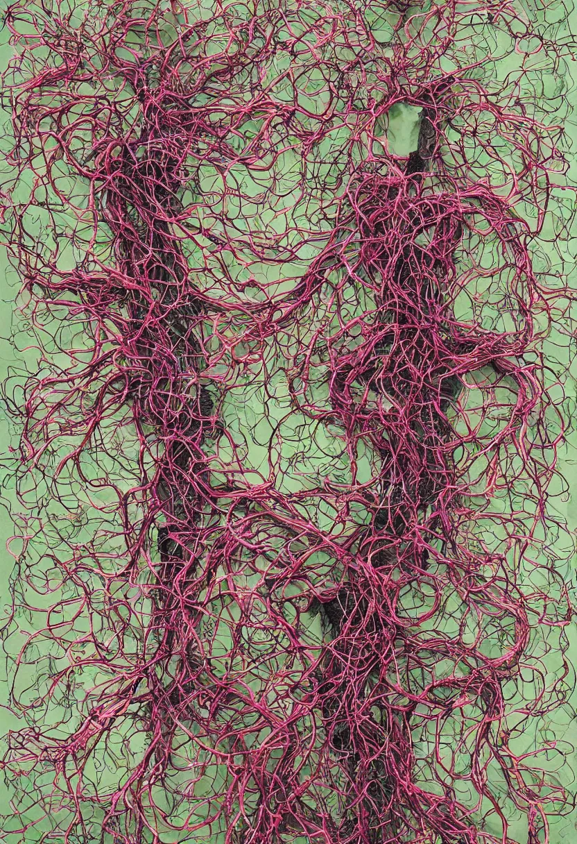 Image similar to human circulatory system, of vines and flowers, apocolypse, arms open, no duplicate image, heart made of flowers, intricate details, art by feng zhu, beautiful, human body, tangled, birds, hugging people, heart, face, body