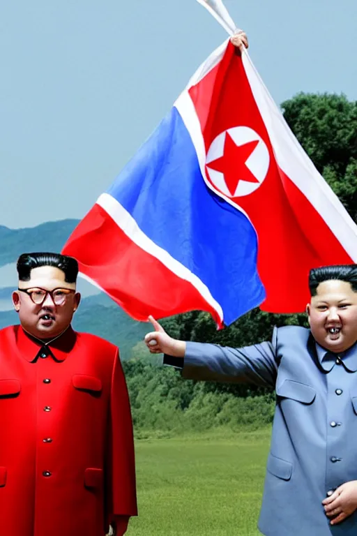 Prompt: Kim Jong-Un dressed in red, white, and blue and holding an American flag to celebrate the Fourth of July