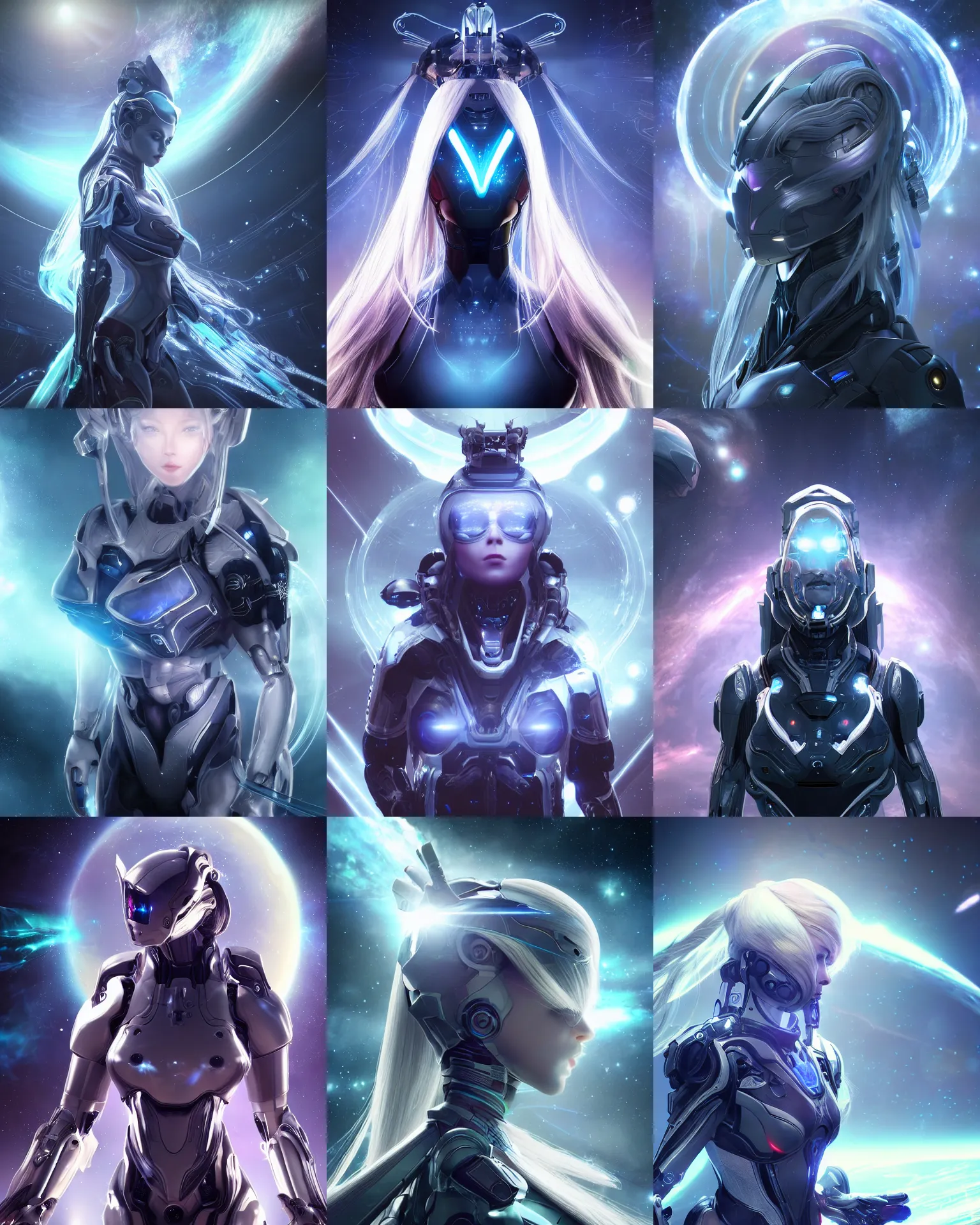 Prompt: photo of a android girl on a mothership, warframe armor, beautiful face, scifi, nebula, masterpiece, universe, raytracing, dreamy, focused, sparks of light, attractive, long white hair, blue cyborg eyes, unique, 8 k high definition, insanely detailed, intricate, innocent, art by akihiko yoshida, antilous chao, woo kim