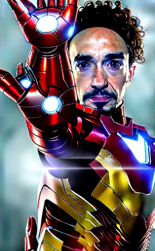 Image similar to portrait of robert sheehan as iron man from the avengers infinity war, character concept art, hyperrealistic, detailed, accurate illustration, dramatic lighting, action pose