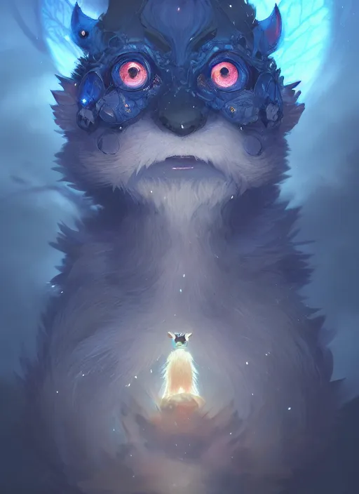 Image similar to a portrait of cute mystic beast - kun, intricate, tone mapped, ambient lighting, highly detailed, digital painting, artstation, concept art, 4 k, god rays, stunning beautiful, glowing eyes, sharp focus, by makoto shinkai and akihiko yoshida and hidari and wlop