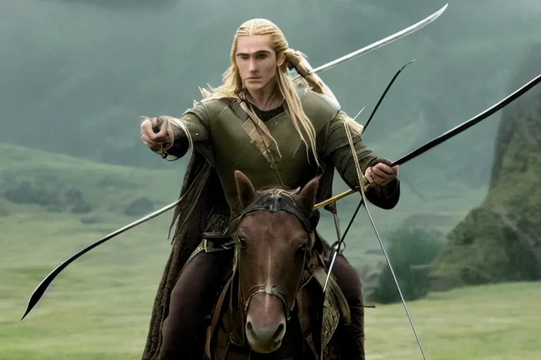 Prompt: film still of Christian Bale as Legolas in The Two Towers movie, 4k