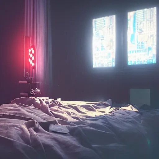 Prompt: cyberpunk bedroom, rose lighting, midday setting