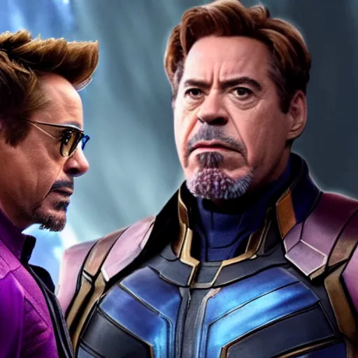 Prompt: robert downey jr. with thanos in avengers endgame