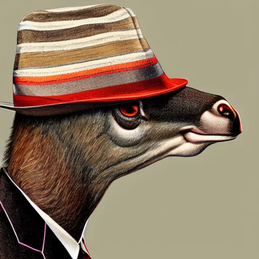 Image similar to a upper body portrait of a deer in a pinstriped suit and pants wearing a fedora with the antlers sticking out of the fedora adjusting his tie by artgerm and wlop, intricate detail, digital art, photorealistic, trending on artstation