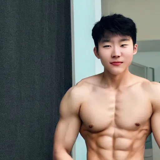 Image similar to a blond korean 2 0 year old man with large muscles and abs