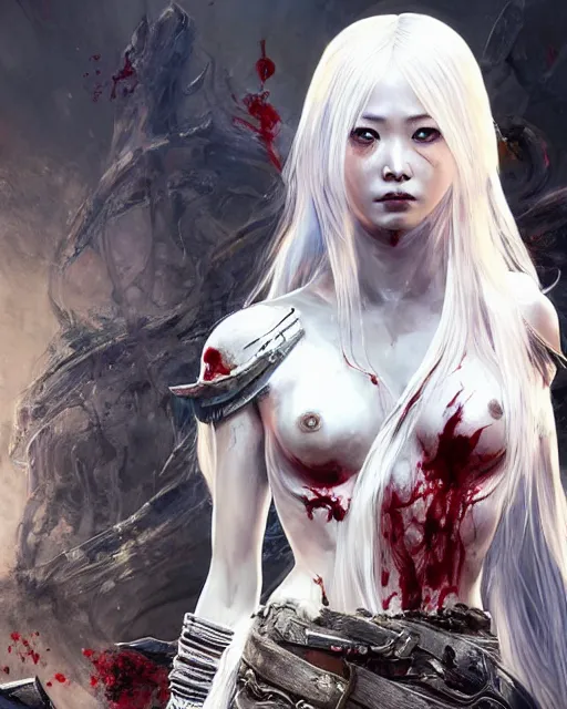Image similar to lee jin - eun with white long hair in high - end damaged battle suit emerging from pool of blood in god of war 4 game set in ancient italy by peter andrew jones and conrad roset, rule of thirds, seductive look, beautiful
