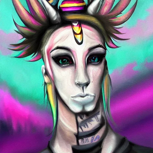 Prompt: Beautiful portrait digital painting, oil painting, anthro anthropomorphic unicorn androgynous , at a lake anarchist anarcho-punk Punk Punk outfit. furaffinity, artstation