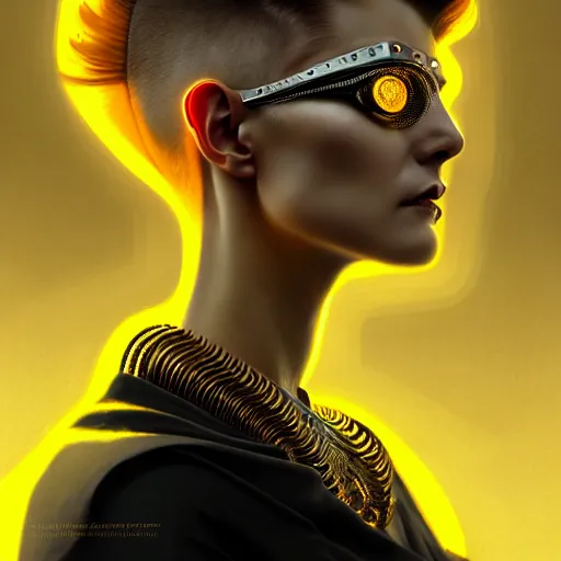 Image similar to woman with extremely large and intricate haircut with angry yellow eyes and slim features looking askance, eye cyberpunk bionics, retro futurist style, intricate, elegant gleaming intricate baroque jewelry, angelic halo, highly detailed, digital painting, artstation, concept art, smooth, sharp focus, illustration, art by wlop, mars ravelo and greg rutkowski,