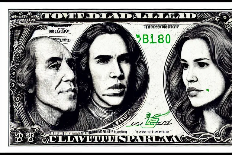 Image similar to reylo kissing dollar bill design