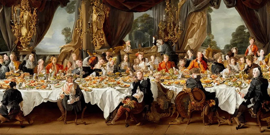 Image similar to rococo style drawing of work colleagues of a design studio get together to feast on a big table with lots of food