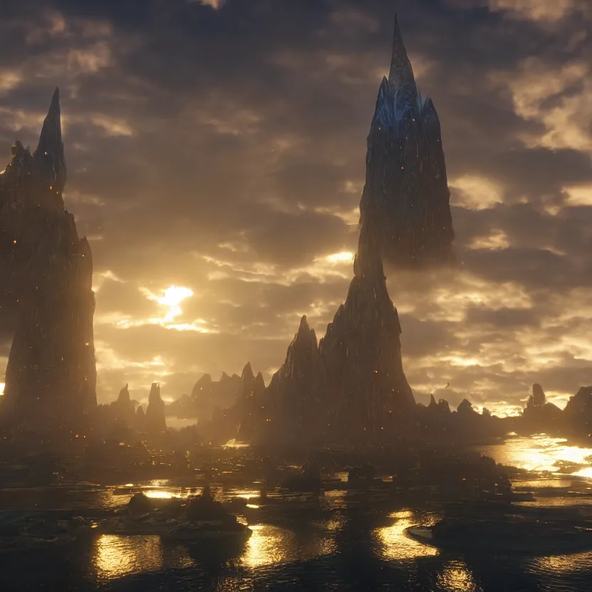 Image similar to the city of asgard. cinematic lighting, atmospheric lighting, focus, ultra - realistic, detailed.