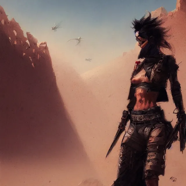 Prompt: a painting of a punker in the desert by greg rutkowski, dark fantasy art, high detail, trending on artstation