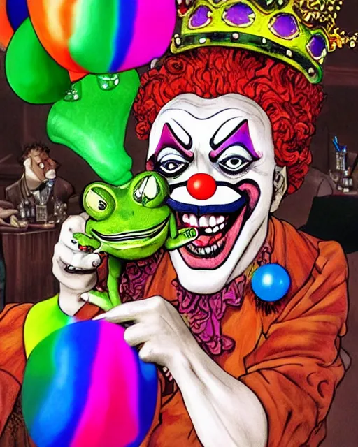 Image similar to Clown Frog King popping champagne at the roulette table, clown frog king wearing clown makeup and rainbow wig, clown crown artwork by Glenn Fabry and Kentaro Miura