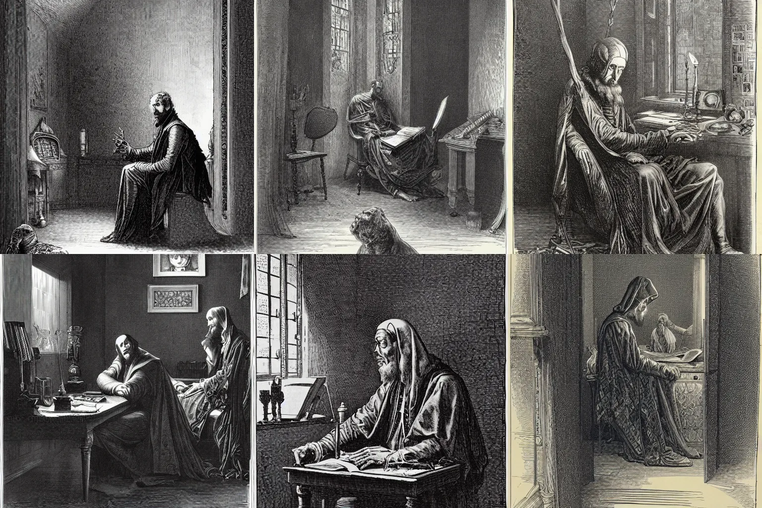 Prompt: Faust in his study, Gustave Dore engraving