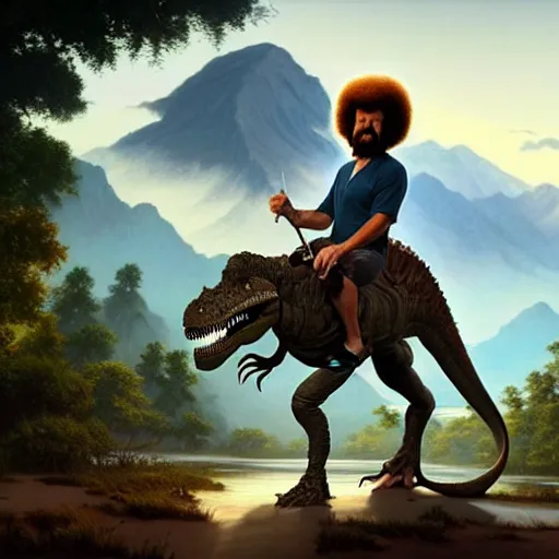 Image similar to bob ross!!! riding!!! a dinosaur!!, giant afro!, model pose, ultra realistic, concept art, intricate details, highly detailed, photorealistic, octane render, 8 k, unreal engine. art by artgerm and greg rutkowski and alphonse mucha