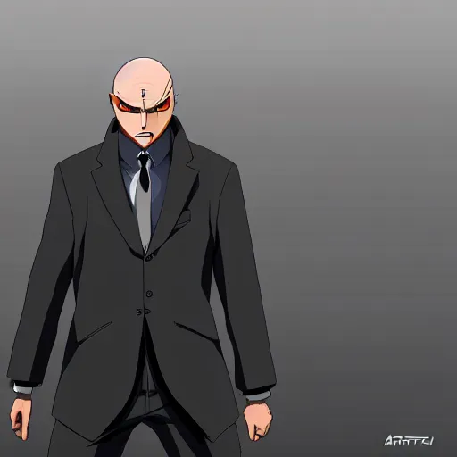 Prompt: Agent 47 in a scene from naruto, artstationhd, concept art, smooth, sharp focus, illustration, pen and ink