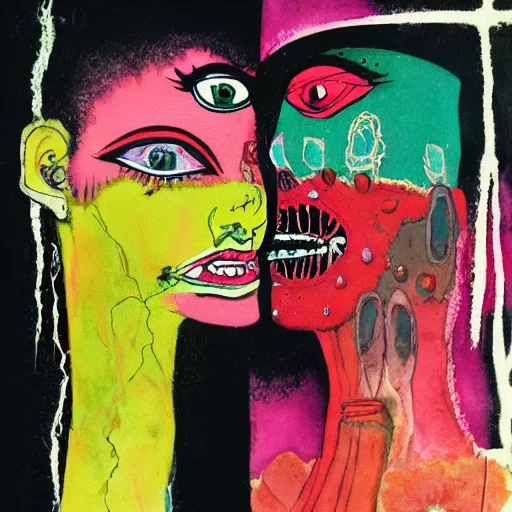 Prompt: watercolor painting of two bizarre psychedelic goth women kissing each other closeup in a cafe in japan, speculative evolution, mixed media collage by basquiat and jackson pollock, maximalist magazine collage art, sapphic art, lesbian art, chemically damaged