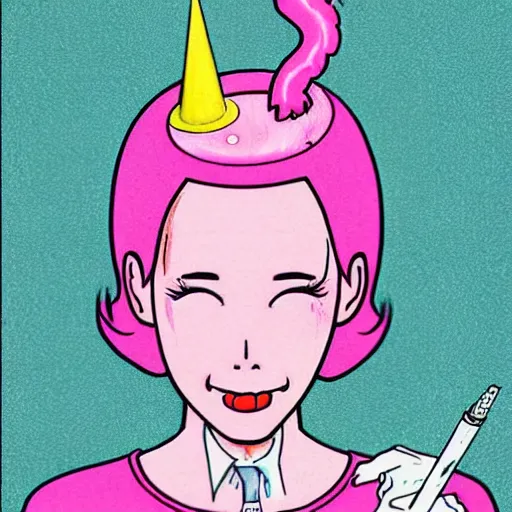 Image similar to realistic retro colored illustration of princess bubblegum by junji ito, with pink hair made of bubblegum, confident scientist performing experiments in her lab, dark retro pulp sci - fi