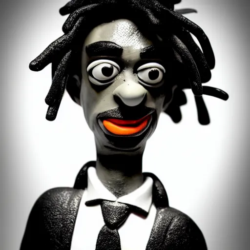 Image similar to a cartoon claymation medium close up sculpture of Playboi Carti, in the style of Tim Burton, black and white, high contrast