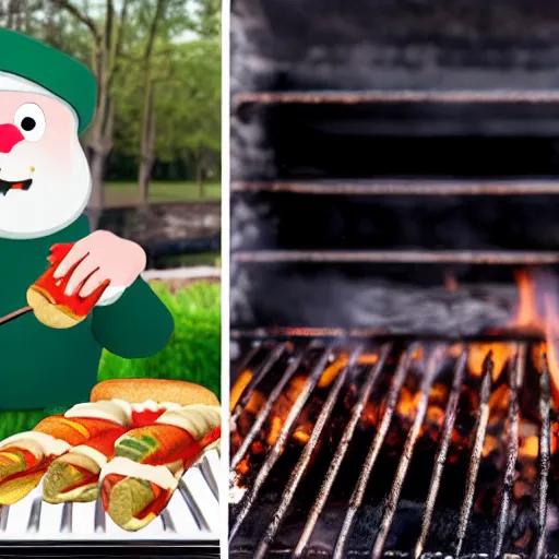 Prompt: white cartoon seal wearing green ski mask cooking hotdogs on the barbecue grill, 8k