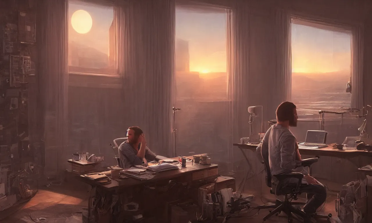 Prompt: an excited insomniac sitting on his aeron chair at his small ikea desk staring up at a multi-monitor setup at 3AM with the sunrise peeking through the curtain blinds , hyperdetailed, octane , hyper realistic , detailed , interior , hyperfocal 8k , in the style of Noah Bradley