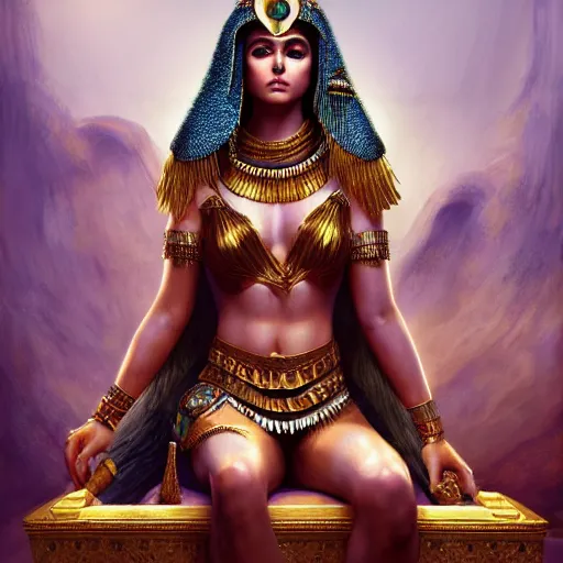 Image similar to Cleopatra on her throne, beautiful eyes, full body, fantasy, beautiful face, medieval, vivid colors, elegant, concept art, sharp focus, digital art, Hyper-realistic, 4K, Unreal Engine, Highly Detailed, HD, Dramatic Lighting by Brom, trending on Artstation