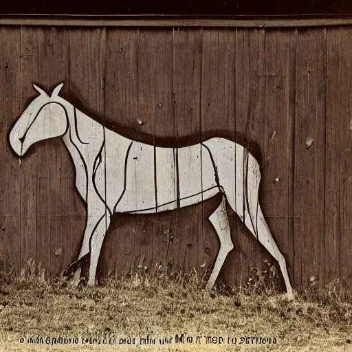 Prompt: ren and stimpy mr horse graffiti on abandoned barn wall, 1940s photography