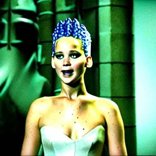 Image similar to jennifer lawrence as the bride of frankenstein, color photography, sharp detail, wicked smile, still from the movie underworld