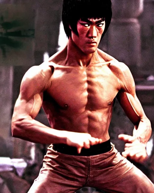 Prompt: bruce lee as kenshiro in live action fist of northstar movie, hyperreal, post apocalyptic, mutants, martial arts, cinematic