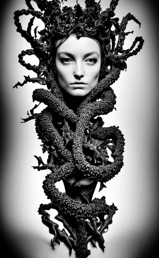 Image similar to dark background, a black and white high quality dreamy photo of a young beautiful female queen-vegetal-dragon-cyborg bust with a very long neck and delicate Mandelbrot fractal face, anatomical, facial muscles, veins, arteries, elegant, highly detailed, flesh highly baroque ornate, hair are curled wired cables, elegant, poetic, dreamy, mysterious, high fashion, rim light, in the style of Ellen von Unwerth, Realistic, Refined, Digital Art, Highly Detailed, Cinematic Lighting, rim light, black and white, photo-realistic, 8K
