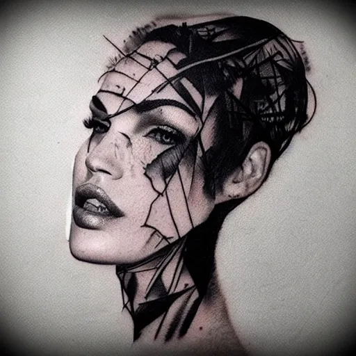 Prompt: double - exposure tattoo sketch of megan fox blended in beautiful mountains shape, in the style of dan mountford