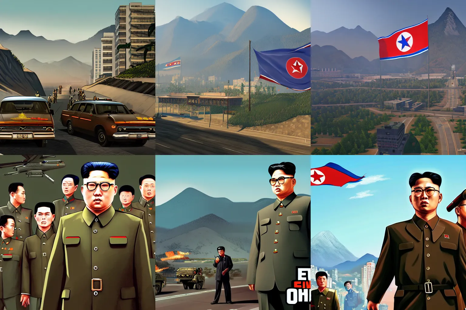 Prompt: North Korea in Grand Theft Auto 5 covert art, epic, 4k resolution, extremely detailed, very sharp, artstation, digital art, vibrant,