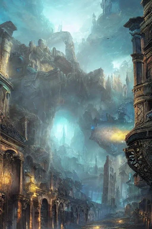 Prompt: beautiful matte painting street art fantasy ruins skyline background painted, intricate, volumetric lighting, beautiful, rich deep colors masterpiece, sharp focus, ultra detailed by