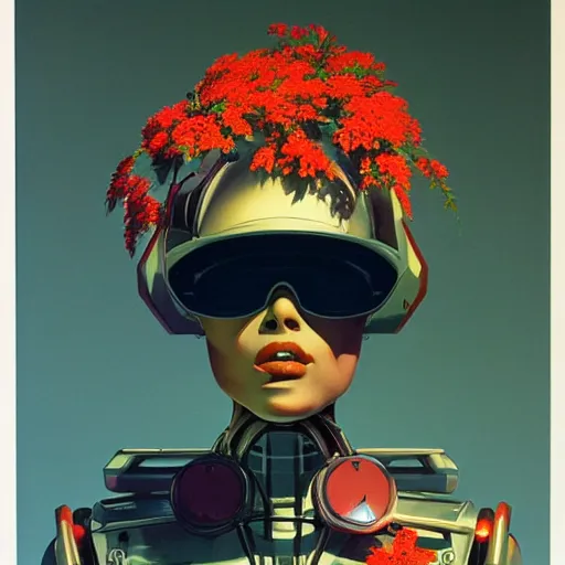 Image similar to a 3 d vaporwave painting by syd mead of a bipedal robot head with flowers growing out of the top, trending on artstation, masterpiece, incredible details