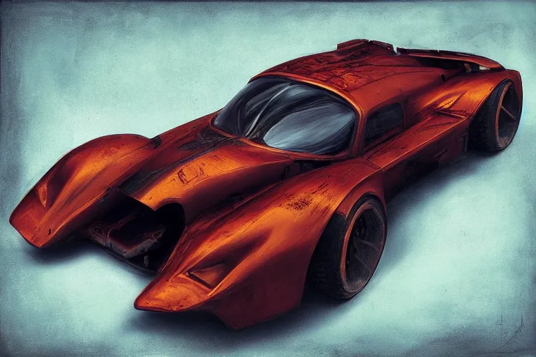 Image similar to rusty hypercar, painted by hector garrido and derek riggs, trending on artstation, volumetric lighting rear view profile picture, daguerreotype, still life, figurativism, socialist realism