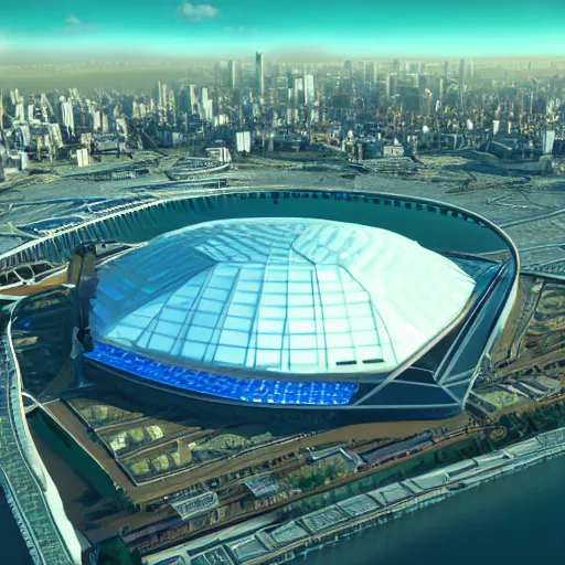 Image similar to a futuristic stadium floating in the middle of a city, hex shaped, hexadome, blue energy field hexagonal dome, unreal engine, epic lighting, crowd cheering, cell shading style